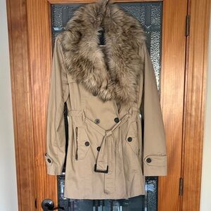 American Eagle Outfitters Beige Trench Coat with Faux Fur Collar